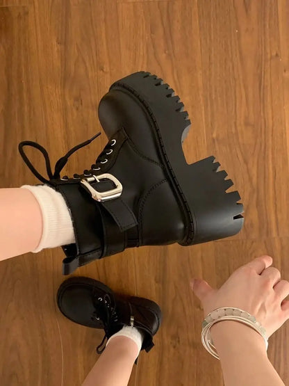 Height Increase Leather Round Toe Woman Short Shoes Spring Autumn Lace-up Chunky Booties High Quality Hot Ankle Boots for Women