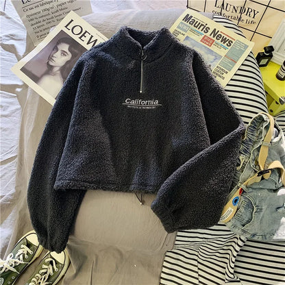 2023 Autumn Solid Letter Half Turtleneck Sweater Women Long Sleeve Loose Tops Zipper Ladies Clothes Sweatshirt Sporty Style
