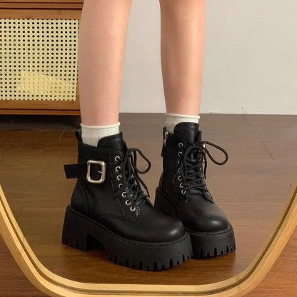 Height Increase Leather Round Toe Woman Short Shoes Spring Autumn Lace-up Chunky Booties High Quality Hot Ankle Boots for Women