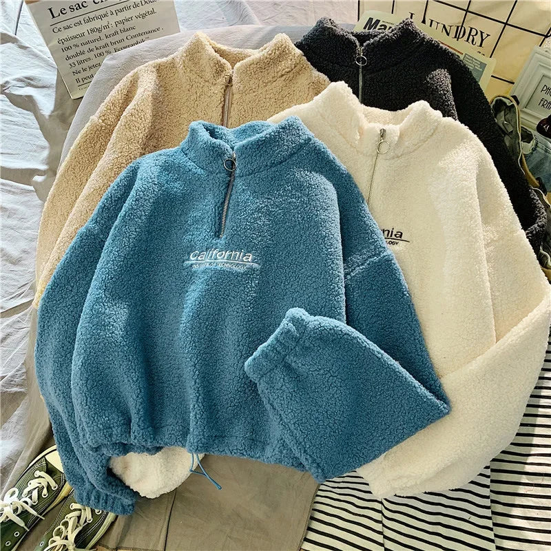 2023 Autumn Solid Letter Half Turtleneck Sweater Women Long Sleeve Loose Tops Zipper Ladies Clothes Sweatshirt Sporty Style